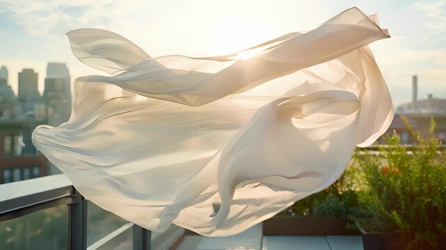 Soft chiffon fabric dancing in the wind adding a touch of whimsy to the rooftop garden.