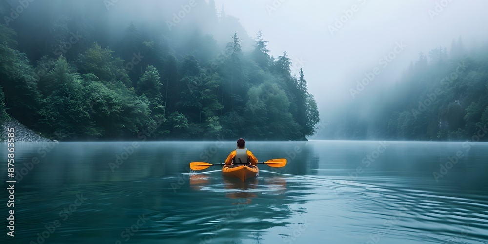 Sticker man kayaking in lake surrounded by trees