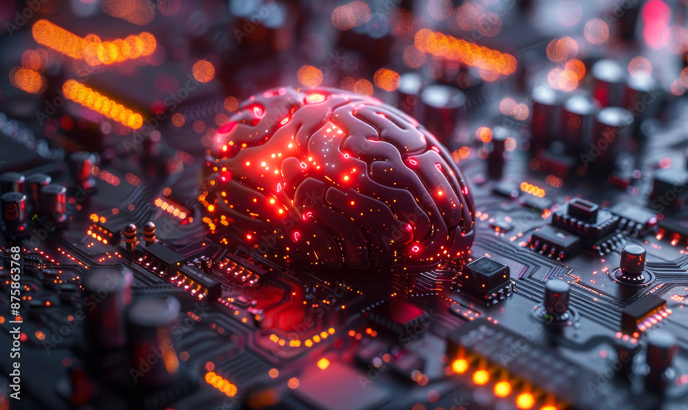 Poster advanced smart brain technology concept with glowing neural circuitry on microchip background, digit