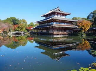 Fototapeta premium Traditional Japanese Architecture Reflected in Water with Autumn Foliage