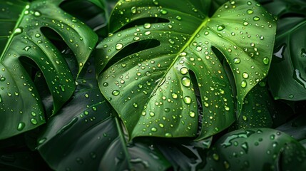 Fototapeta premium Raindrops on Giant Green Monstera Leaves