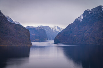 Aurlandsfjorden a fjord in Vestland county, Norway. The fjord flows through the municipalities of Aurland, Vik, and L&aelig;rdal