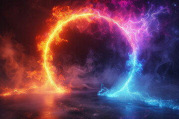 Fototapeta premium Vibrant Fire and Ice Circle on Dark Background. Dynamic fire and ice circle with vibrant orange and blue flames on a dark background