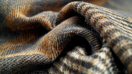Obraz premium Close-up of a tweed fabric with a subtle checkered pattern, showcasing its textured surface and muted colors.