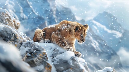 Cute small lion playing on mountain in snow weather very detailed and realistic shape