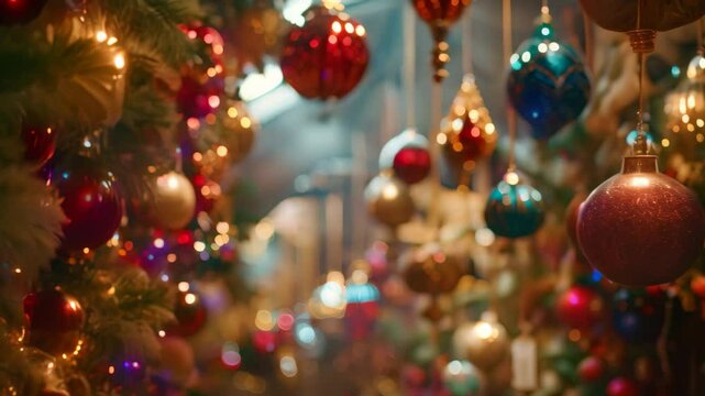 Multiple Christmas ornaments in a row, suspended from the ceiling. Festive decoration for the holiday season, Festive decorations hanging from every corner