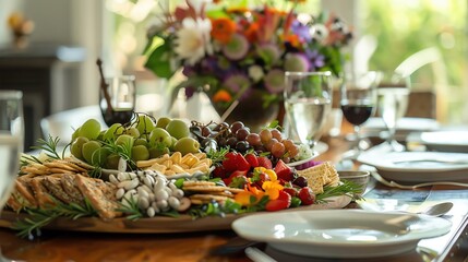 A beautifully arranged platter of healthy snacks on an elegant dining table in a home, no text,