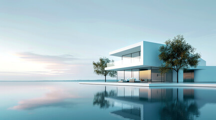 Fototapeta premium 3D rendering minimalist house modern near lake