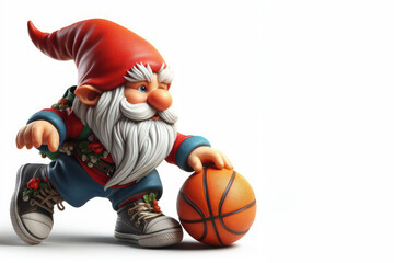A gnome playing basketball. Space for text.