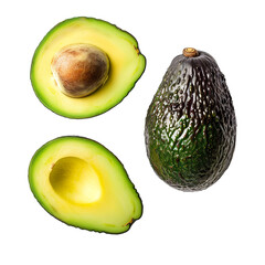 **A tropical image of an avocado and an avocado cut in half on transparent background. Ai generated 