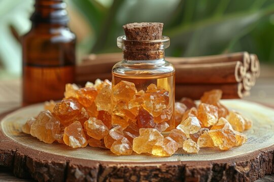 Detailed shot of myrrh resin and an essential oil bottle, focusing on aromatherapy benefits. The photo showcases the rich texture of the resin and the elegant design of the bottle