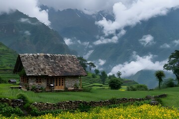 A stone cottage in the mountains with yellow flowers in front
