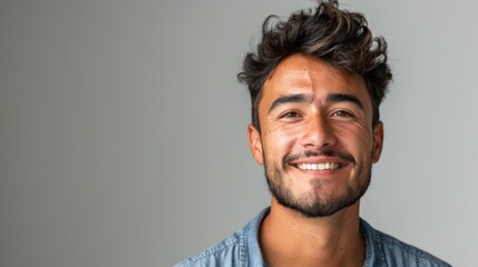 Obraz premium Portrait of a smiling young man with a beard and dark hair wearing a blue shirt