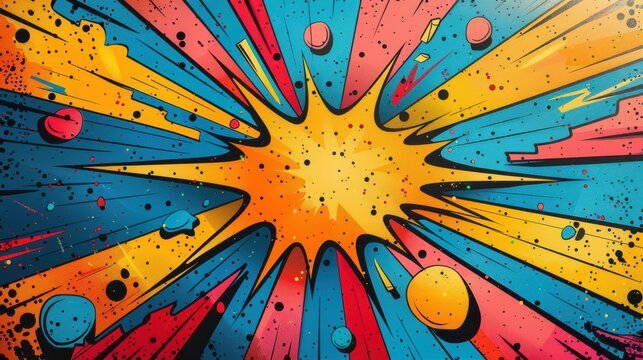 Energetic Comic Book-Style Explosion with Multicolored Rays and Abstract Patterns.