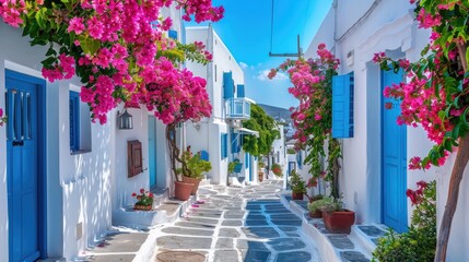 Naklejka premium Paros island Greece Whitewashed buildings narrow Valley