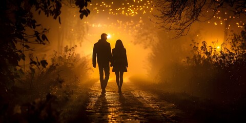 Couple Walking on Path at Night