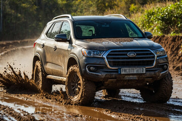 The car is driving on a dirty and wet road