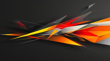 Abstract 3D geometric shapes in bright red, orange, yellow, and gray colors on black background