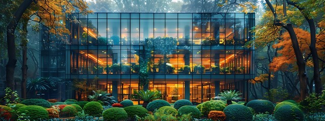 Naklejka premium Architecture image with a modern glass building with a lot of green plants trees and bushes for business architecture environmental friendly and eco-concept 