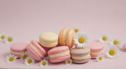 Macaroons and daisies on pastel pink background.