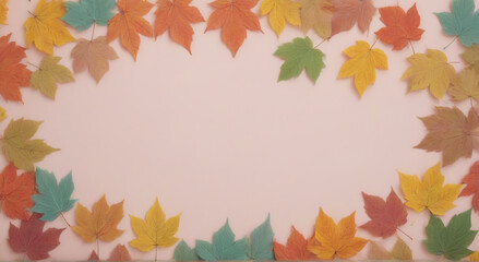 Obraz premium Autumn leaves frame on pastel pink background with copy space.