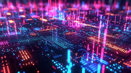 Futuristic network of interconnected nodes processing digital big data with high-tech light on dark background