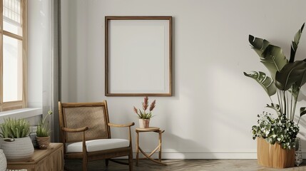 A minimalist living area with a wooden chair, green plant, and a blank frame on the wall ready for customization.