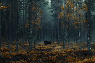 Obraz premium Bear in a Mystical Autumn Forest. A bear standing in a mystical autumn forest with glowing orange foliage and a misty atmosphere.
