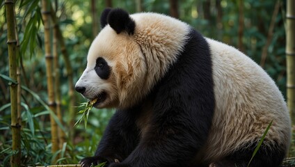 Obraz premium A panda bear is sitting in a bamboo forest.