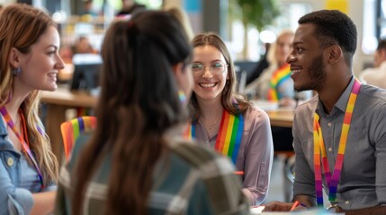 A supportive workplace environment where colleagues are wearing rainbow lanyards and discussing diversity initiatives promoting LGBTQ inclusion in professional settings