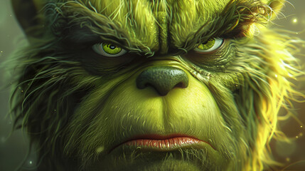 Cartoon illustration of a angry gorilla looking at the camera with a nature background, Funny monster with green eyes on a grunge background, cartoon scene with angry gorilla on dark background 