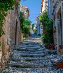 Obraz premium A steep stone alley with colorful flowers in pots