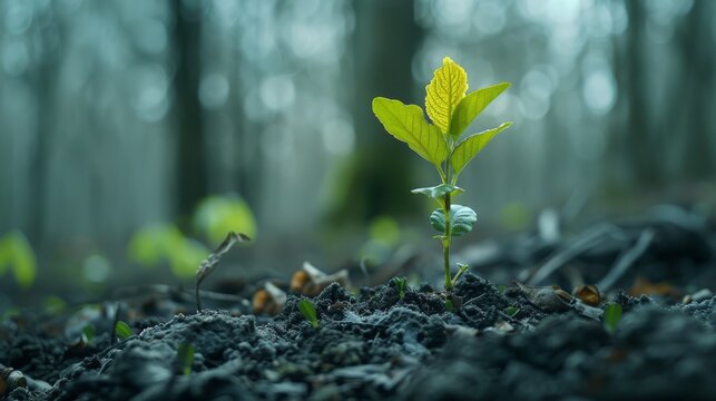 Small green sprout emerging from dark soil in a lush forest with blurred background