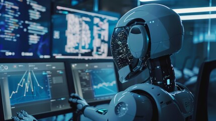 Robot engineer programming AI systems on a computer, copy space, robotics development, dynamic, Multilayer, futuristic office backdrop