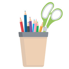 Container with colored pencils and scissors. Pencil stand cup icon. Plastic cup with colourful pencils.