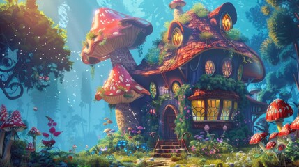 Fototapeta premium Digital illustration, magic elven house with fairy tale mushrooms and flowers, fairyland wallpaper, printable beautiful painting
