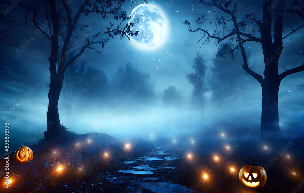 Wall mural haunted forest in full moon night with spooky fog and lights, dark blue nature fantasy backg. genera