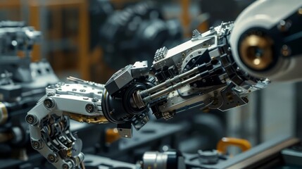 Obraz premium Generate an image of a robotics engineer testing a robotic arms precision with a detailed focus on intricate mechanical components