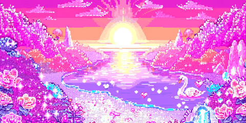 Obraz premium 8-bit pixel art depicting a magical fantasy land with crystals, hearts and swans