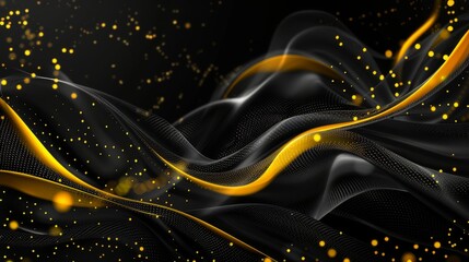 Abstract black and yellow background with dynamic, flowing waves and scattered dotted patterns. The design creates a sense of movement and energy with bright accents