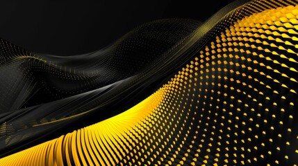 Abstract black and yellow background featuring wave patterns with geometric, illuminated dots. The design creates a sense of depth and movement with vibrant accents