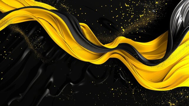 Abstract black and yellow background featuring flowing ribbon-like patterns with dynamic swirls. The vibrant design creates a sense of motion and energy