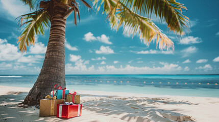 Christmas presents under a palm tree on a tropical island in the ocean