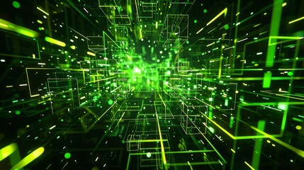 Green digital matrix background featuring glowing cubes, lines, and particle effects. Perfect for technology, cyber, and data visualizations