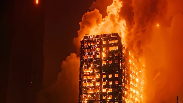 A building in London is engulfed in flames during the night, Flames engulfing a tall structure in the night