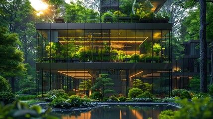 Fototapeta premium Architecture image with a modern glass building with a lot of green plants trees and bushes for business architecture environmental friendly and eco-concept 