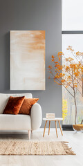 Minimalist contemporary living room interiors with minimal furniture and neutral colors. Residential Real Estate composition with copy space.