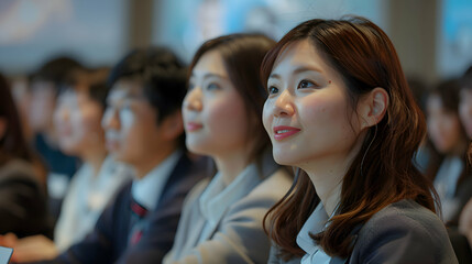 Obraz premium Leadership Development: A Japanese leadership development seminar, with a diverse group of business professionals learning about team dynamics and leadership styles