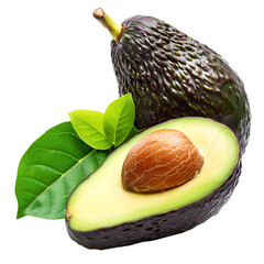 **A tropical image of an avocado and an avocado cut in half on transparent background. Ai generated 