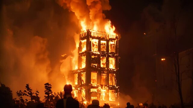 A building is on fire at night, with flames rising from the structure, Flames engulfing a tall structure in the night